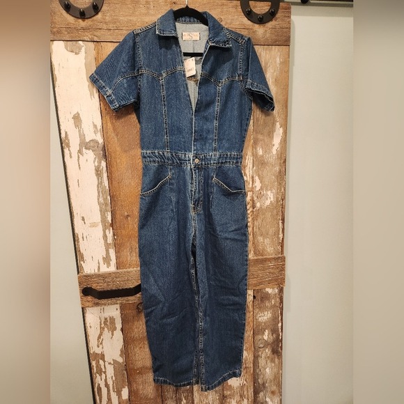 Free People Pants - NWT Free People Denim Jumpsuit Western Style Romper Short Sleeve Collared Small